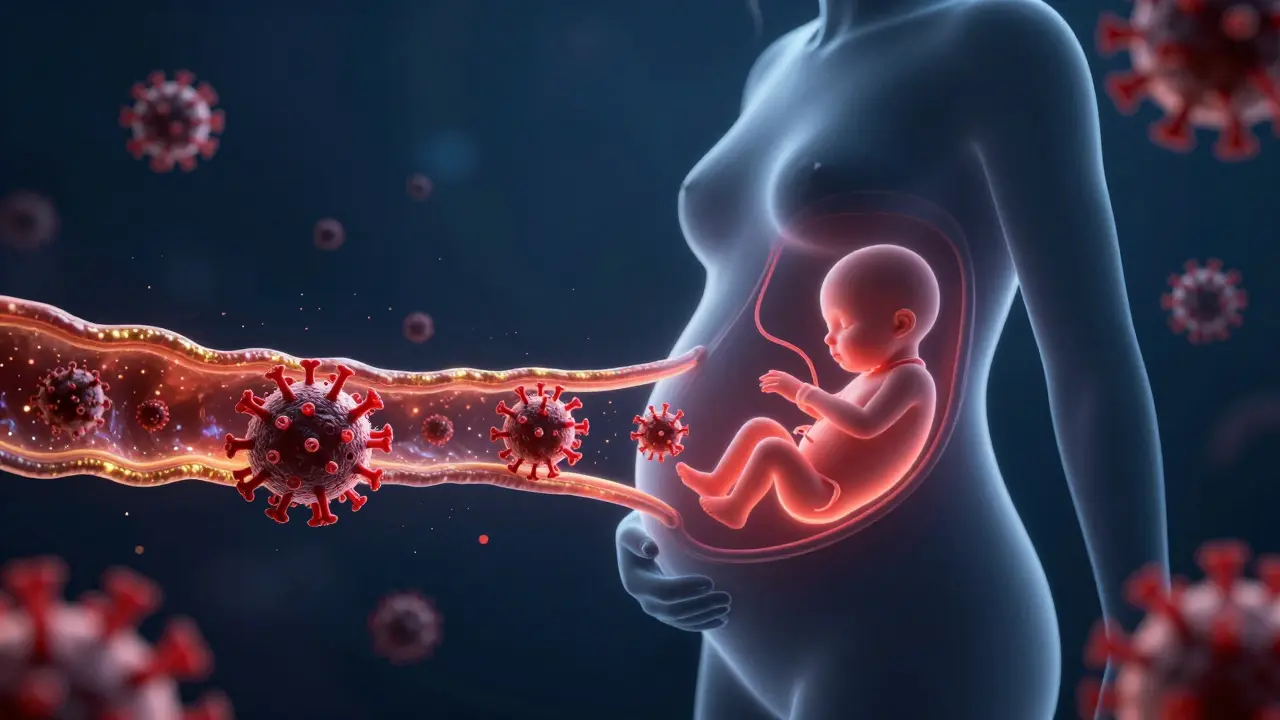 Konceptuální zobrazení rubellového viru pronikajícího přes placentu k plodu.