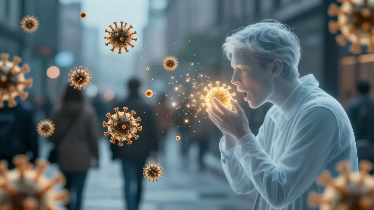 Konceptuální zobrazení šíření virů chřipky formou zlatých částic ve vzduchu.