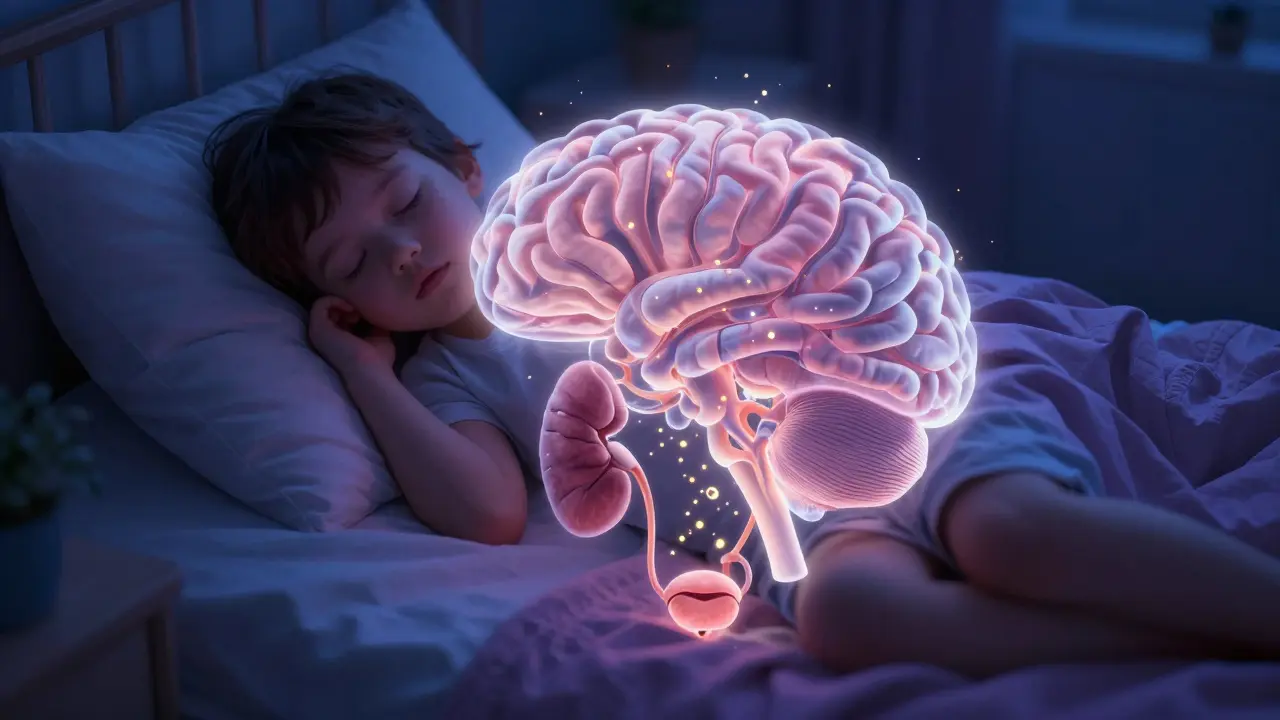 Konceptuální zobrazení spícího dítěte a hormonálního procesu v mozku.