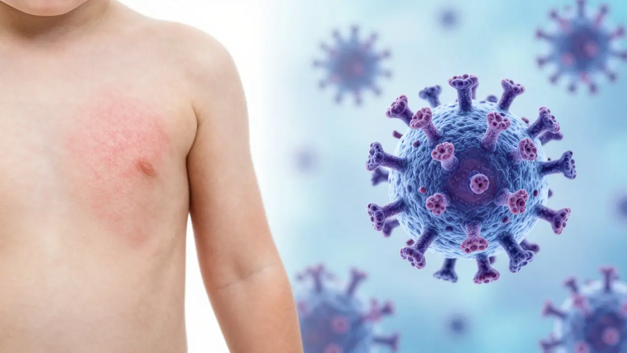 Krajkovaná vyrážka na kůži a abstraktní zobrazení Parvoviru B19.