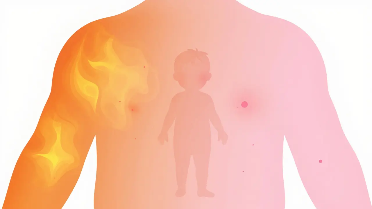 Kresba znázornující přechod od vysoké horečky k růžové vyrážce u dítěte.