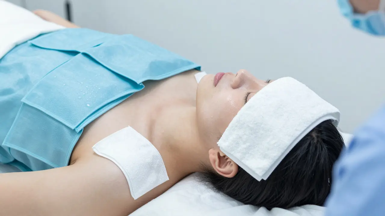 Medicínský postup chlazení těla pomocí vlažných obkladů v sterilním prostředí.