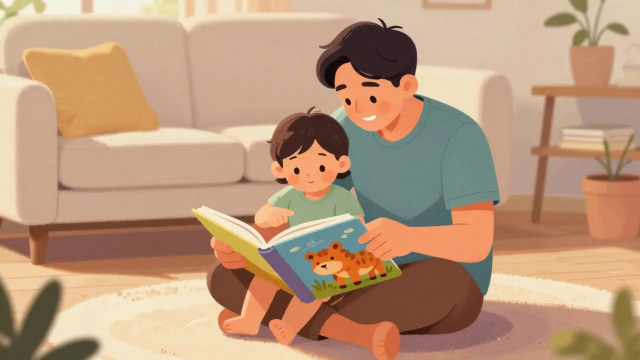 Otec s malým dítětem společně čtou barevnou knihu s obrázky.