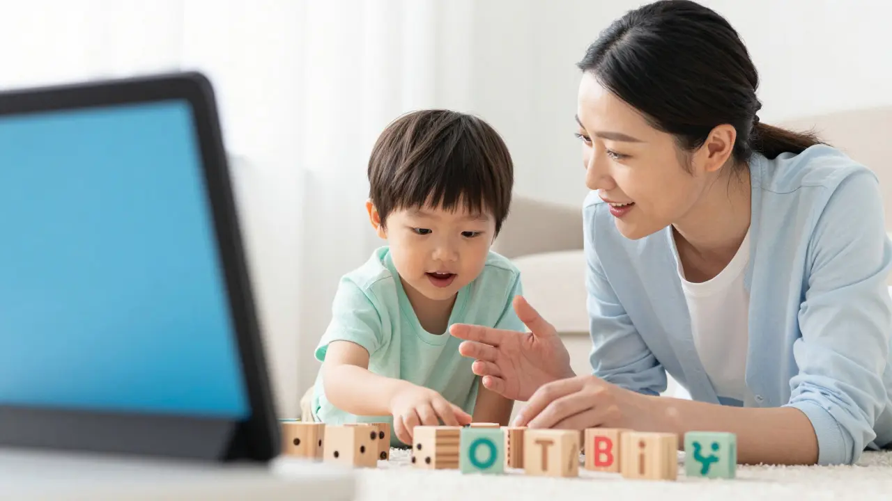 Rodič a dítě si hrají s kostkami místo sledování tabletu.