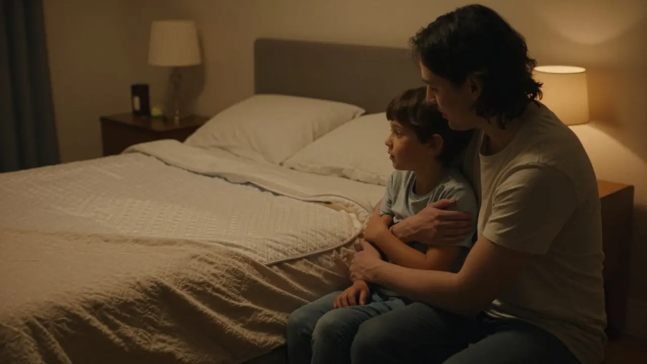 Rodič objímá a uklidňuje pětileté dítě v posteli před spaním.