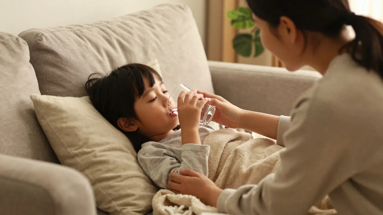 Rodič pečující o odpočívající dítě během procesu hojení.