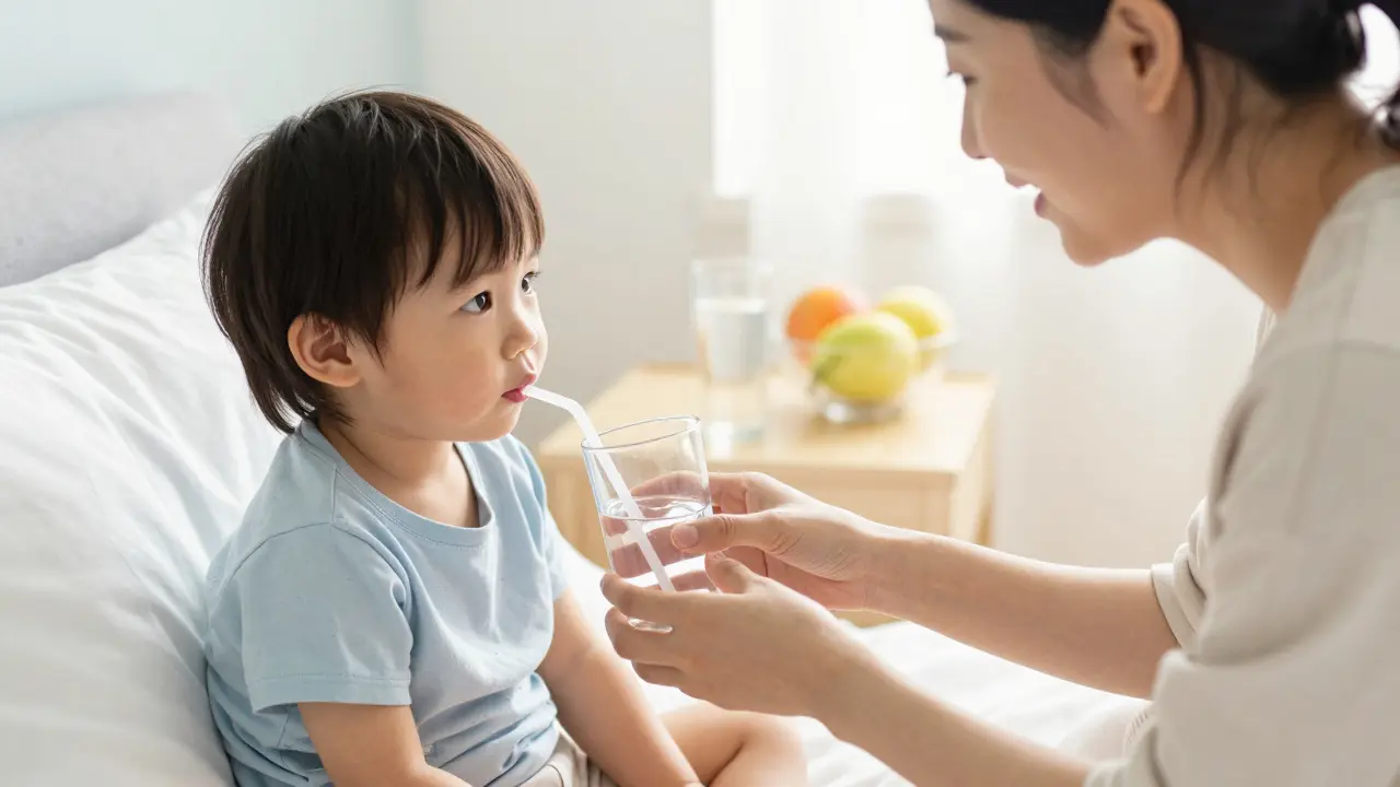 Rodič podává vodu dítěti, které zotavuje z nemoci v posteli.