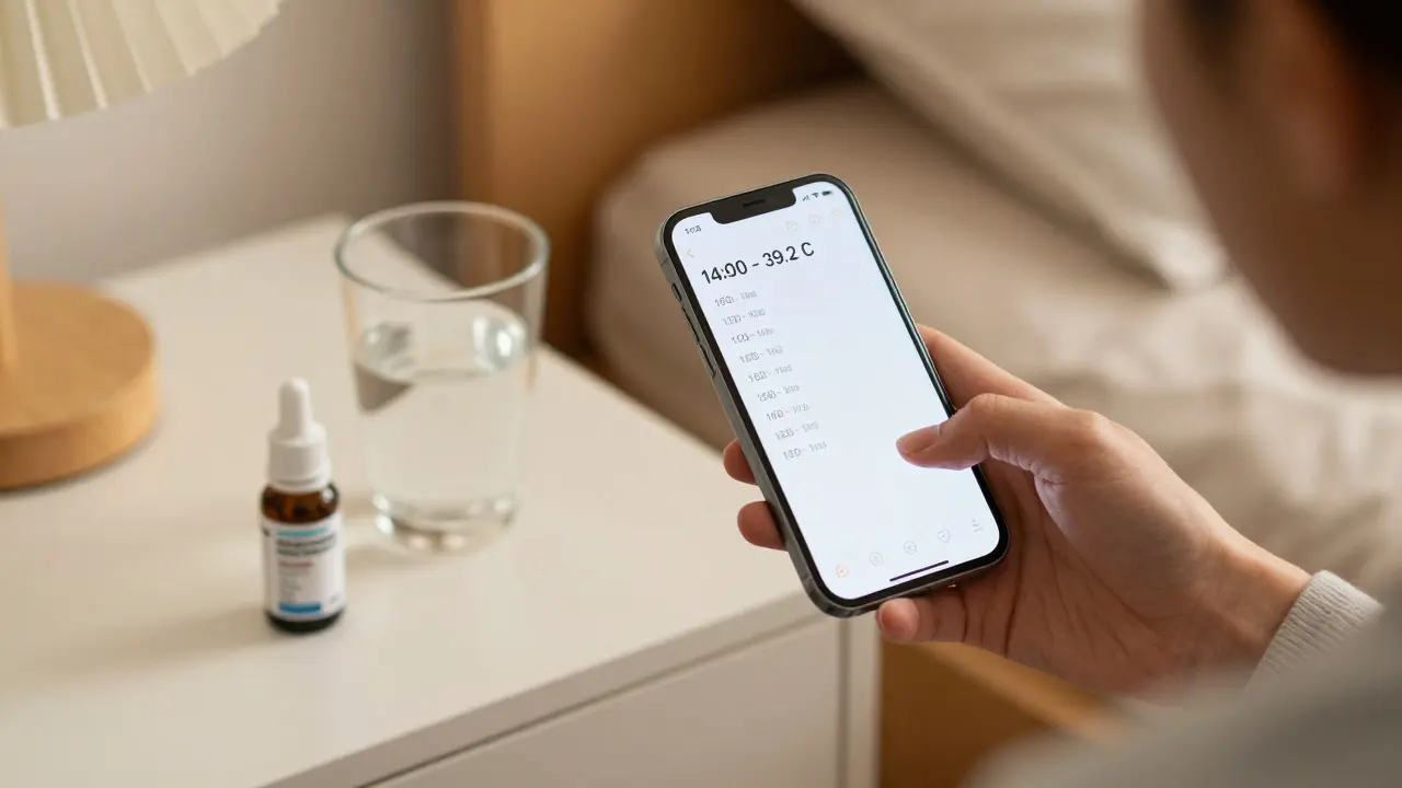 Ruka rodiče drží telefon s evidencí teploty vedle sklenice vody a sirupu.