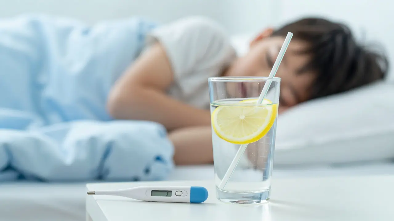 Sklenice vody a teploměr na lůžku při horečce