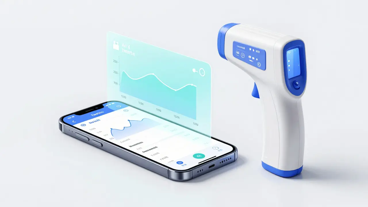 Smartphone vedle infračerveného teploměru s digitálním přehledem teplot.