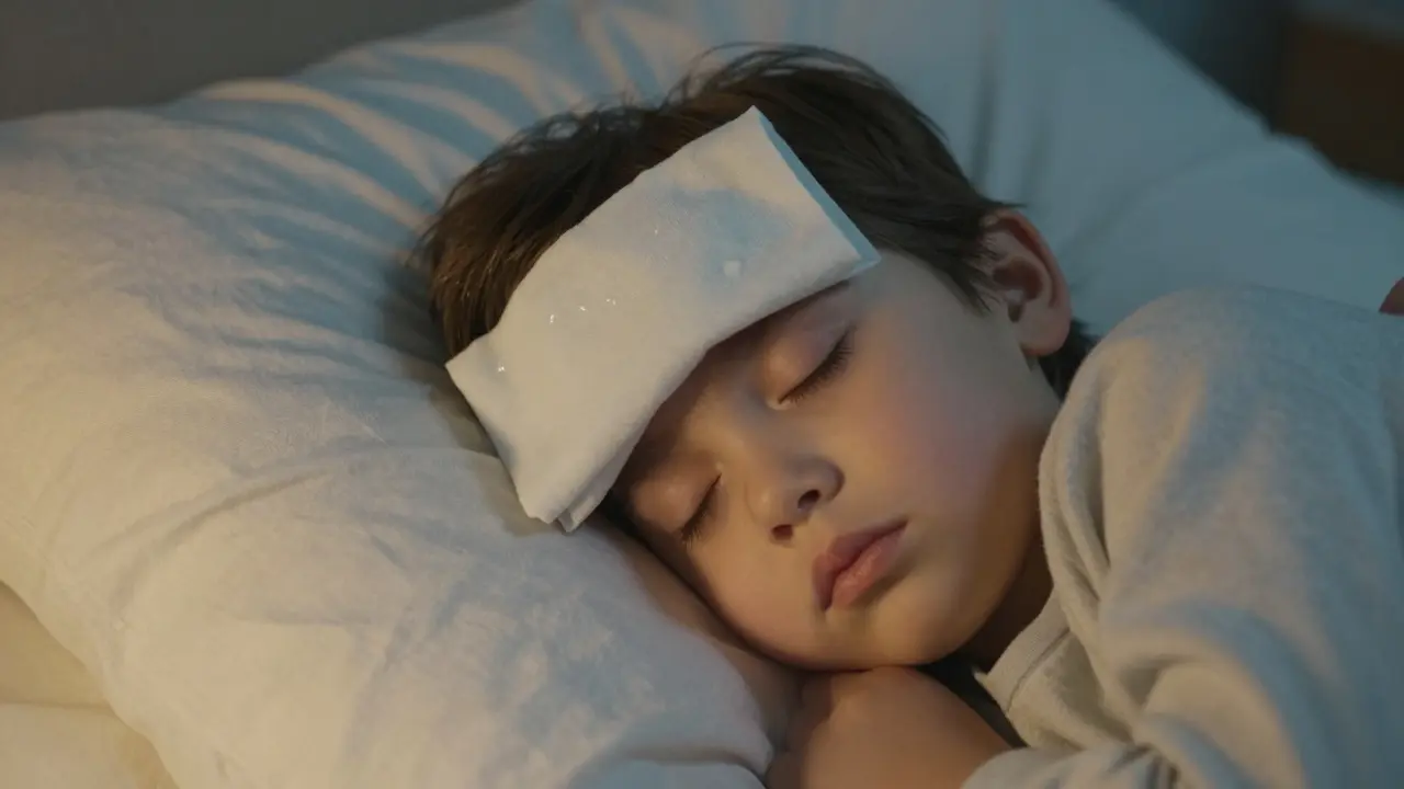 Spící dítě s vlažným obkladem na čele v útulném posteli během zotavování.