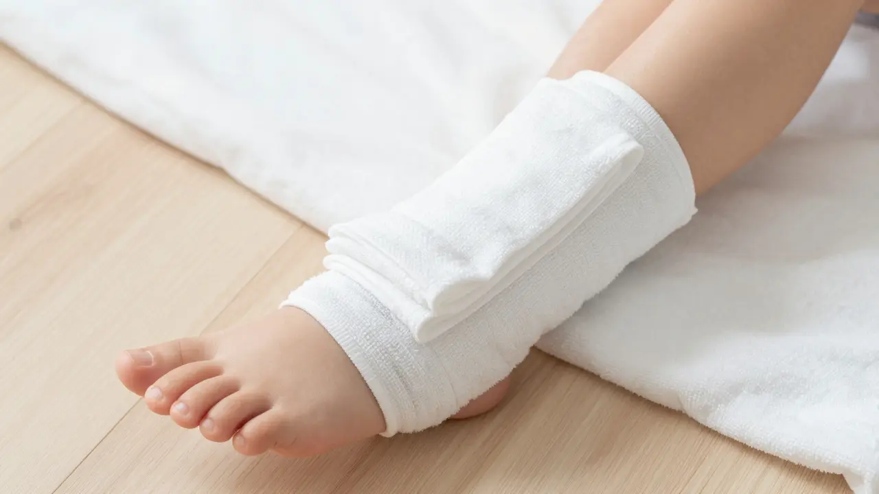 Správně aplikovaný vlažný zábal na noze dítěte
