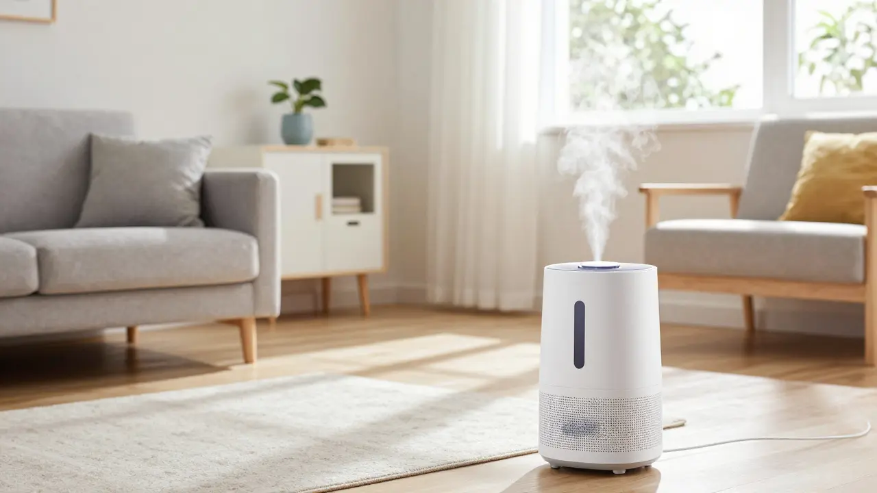 Světlý dětský pokoj s moderním zvlhčovačem vzduchu a hladkými povrchy bez prachu.