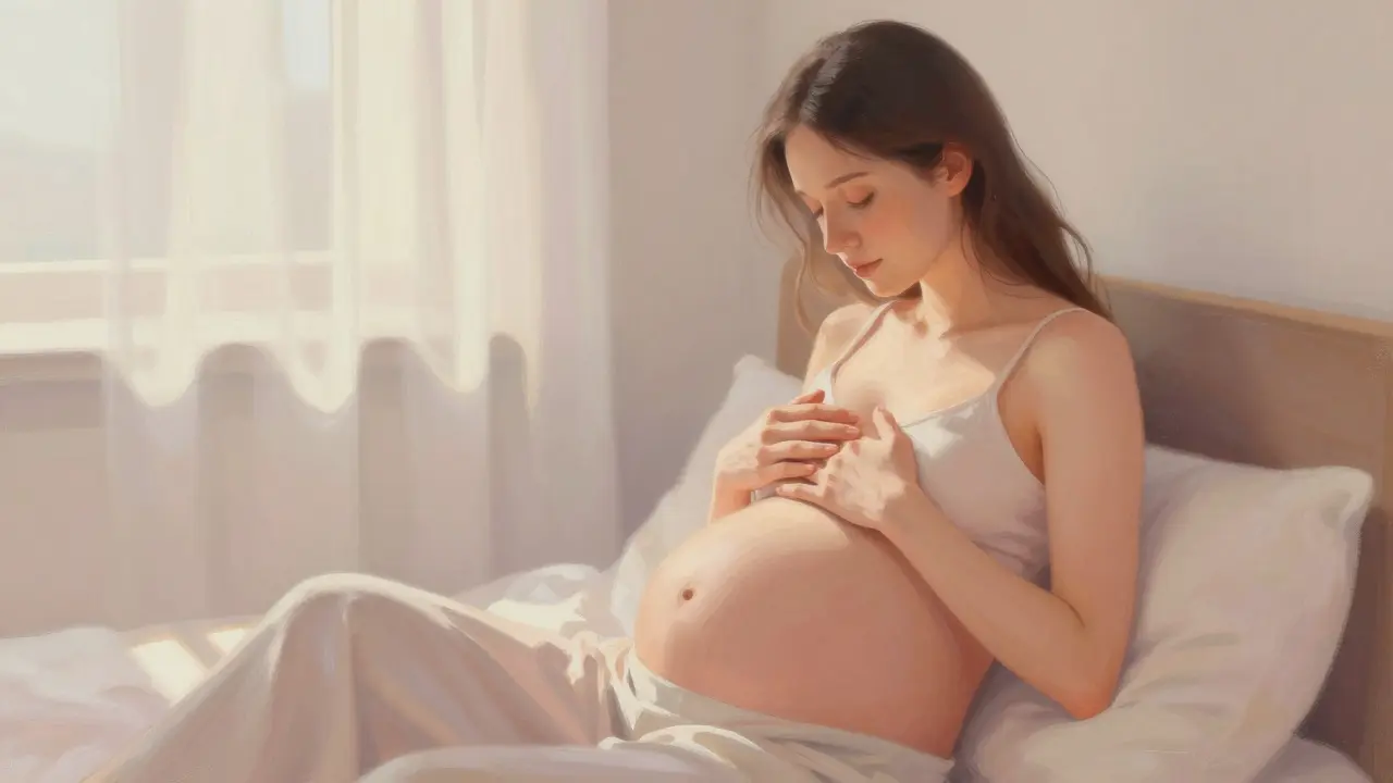 Těhotná žena se opatrně dotýká hrudi doma