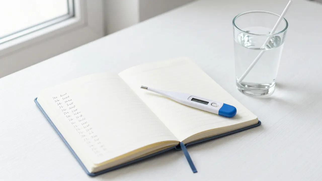 Zápisník s časem podání léků, teploměr a sklenice vody na stole.
