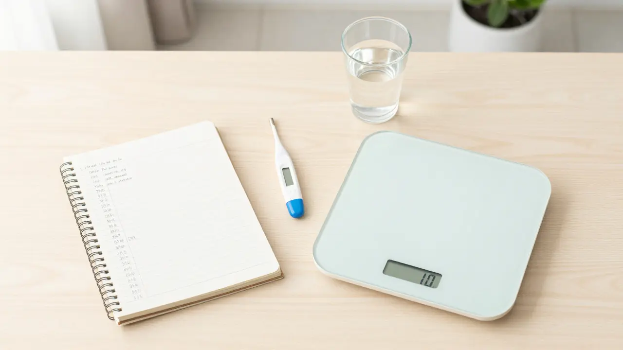 Záznam o dávkování léků, váha a teploměr na stole