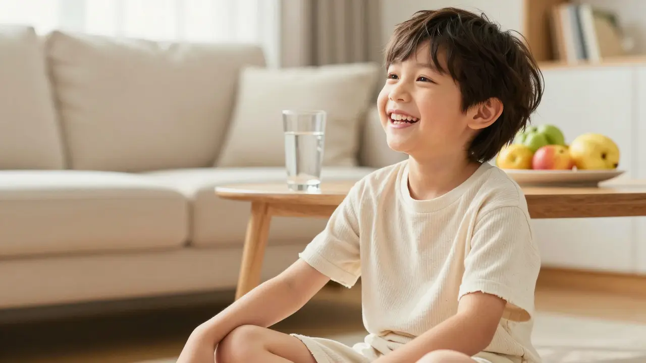 Zdravé dítě v leh compositional oblečení v prosvětleném obývacím pokoji.