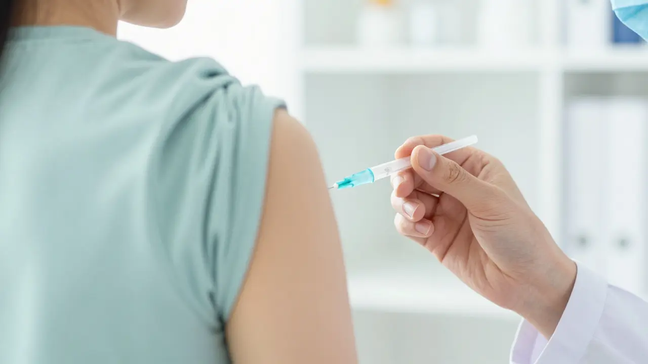 Zdravotník aplikující preventivní vakcinaci do ramene pacienta.