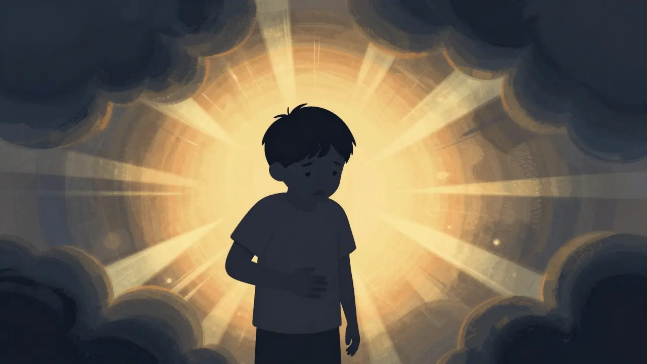 Abstraktní ilustrace dětského strachu z bolesti a úzkosti při používání nočníku.