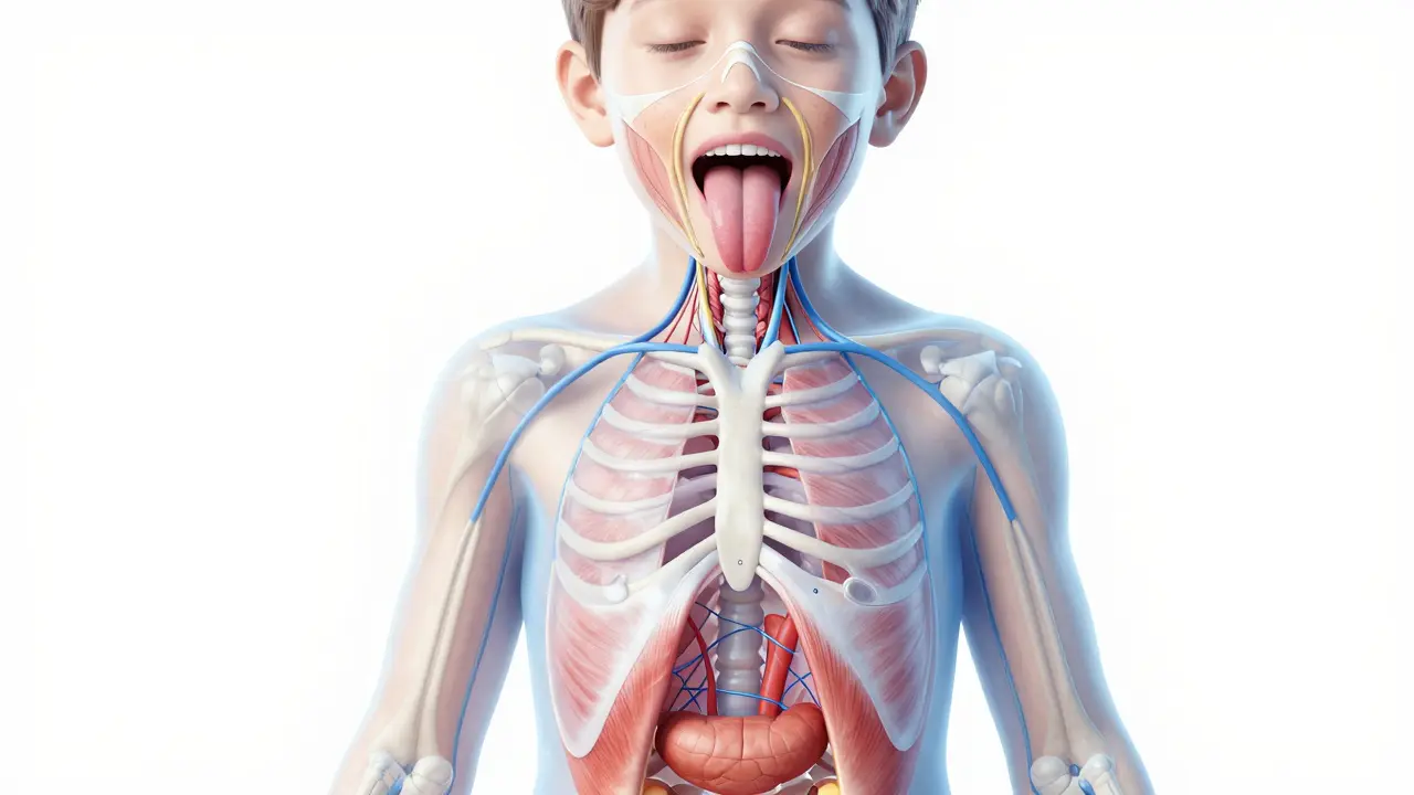 Anatomická ilustrace spojení ústní motoriky a pánevního dna