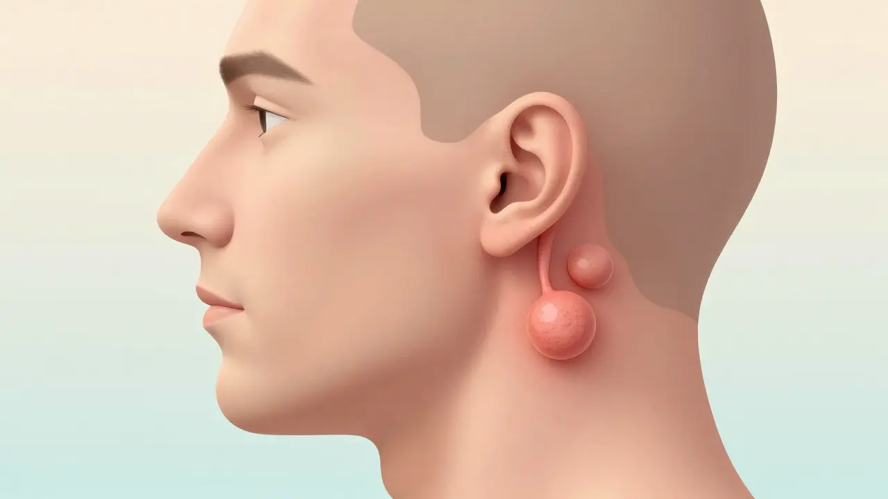 Anatomická ilustrace zvětšených lymfatických uzlin za uchem a na zadní straně krku.