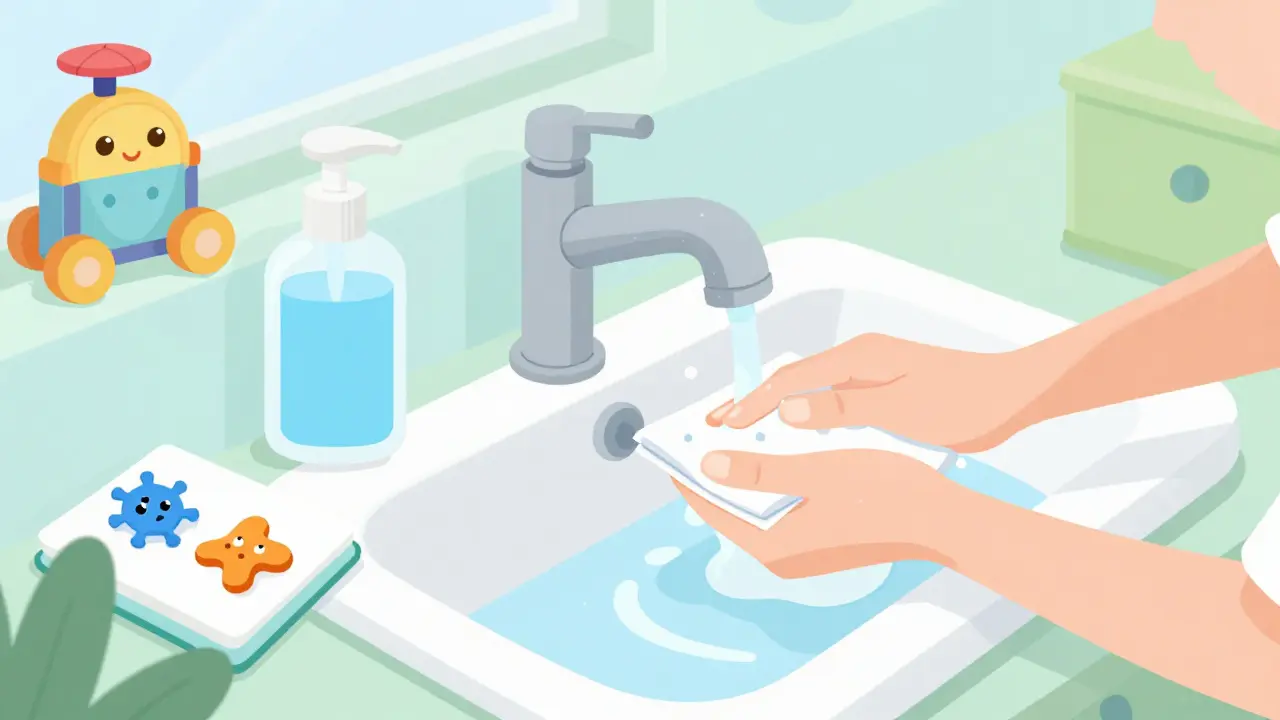 Ilustrace hygieny: čištění hraček a mytí rukou pro prevenci virových infekcí