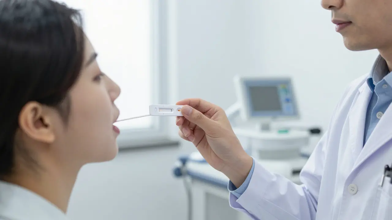 Lékař provádí rychlý test na streptokok pomocí vátka u pacienta v ordinaci.