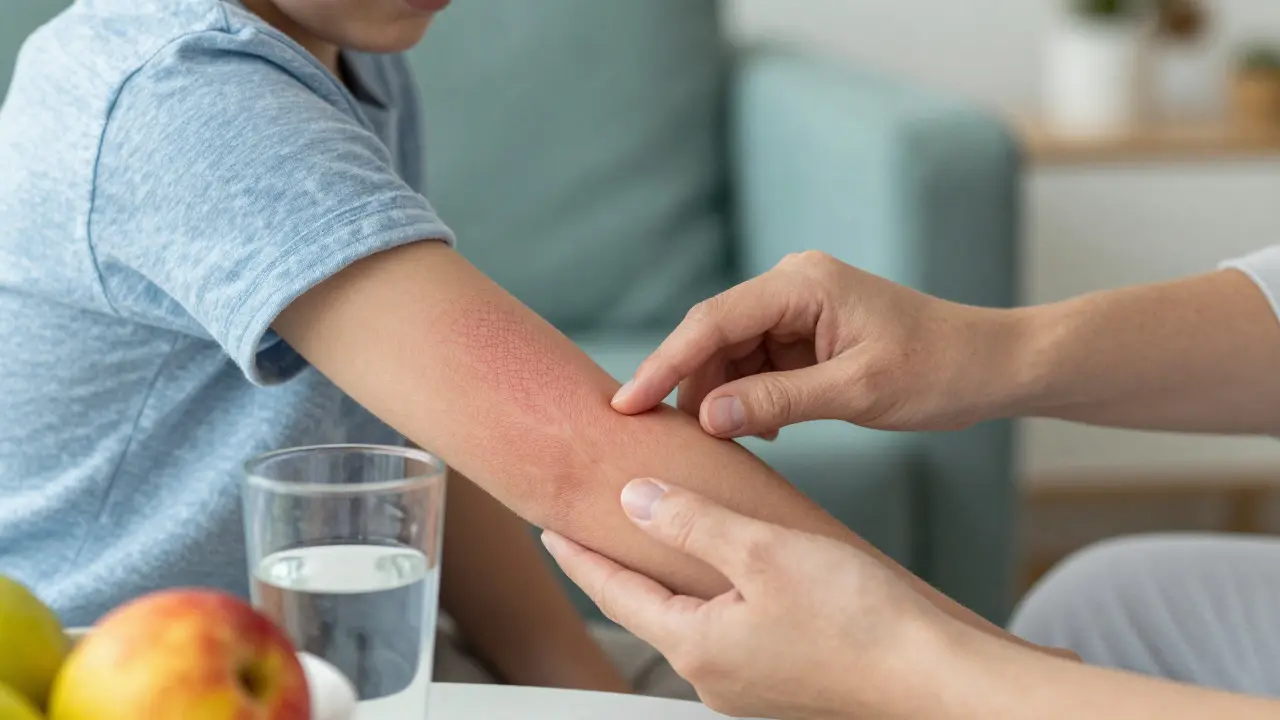 Matka aplikuje chladivý gel na dítěti s síťovou vyrážkou