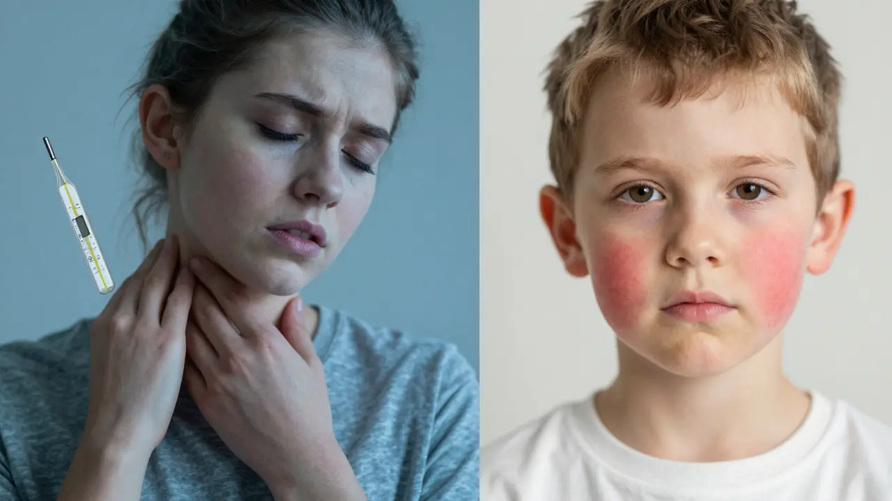 Porovnání příznaků bakteriální angíny a infekčního erytému u dítěte.