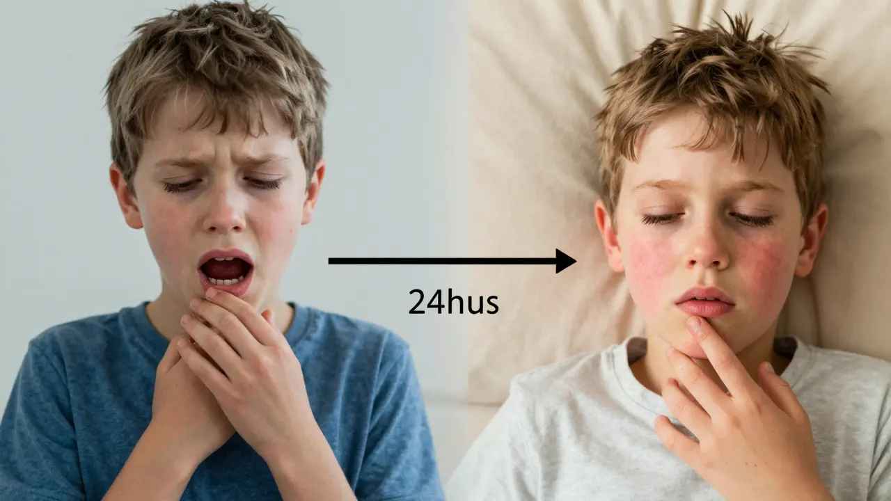 Porovnání stavu dítěte před a po zahájení léčby antibiotiky při spále.
