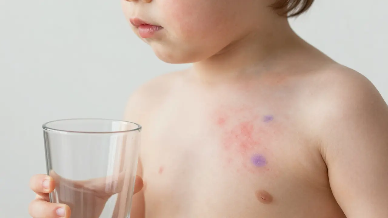 Dětská kůže s vyrážkou petechií a sklenice pro test neblednutí