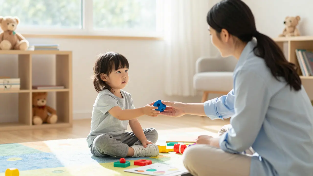 Dětský psycholog hraje s dítětem v bezpečném prostředí terapeutické místnosti.
