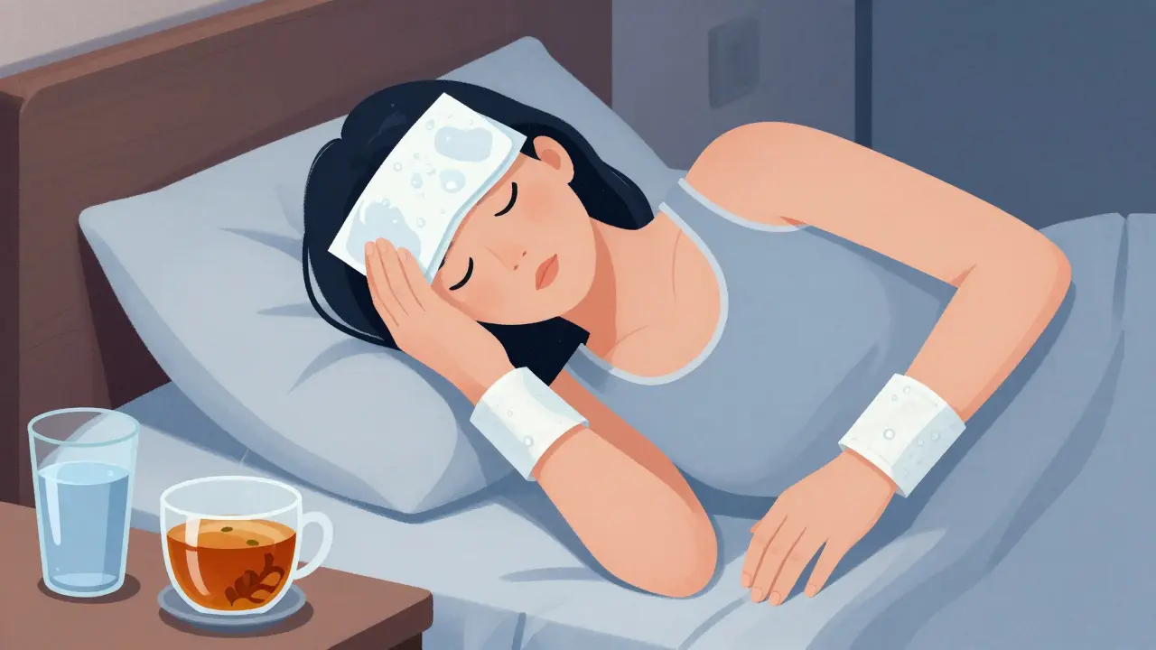 Lékařská ilustrace vlažných obkladů na těle jako alternativa k sprše