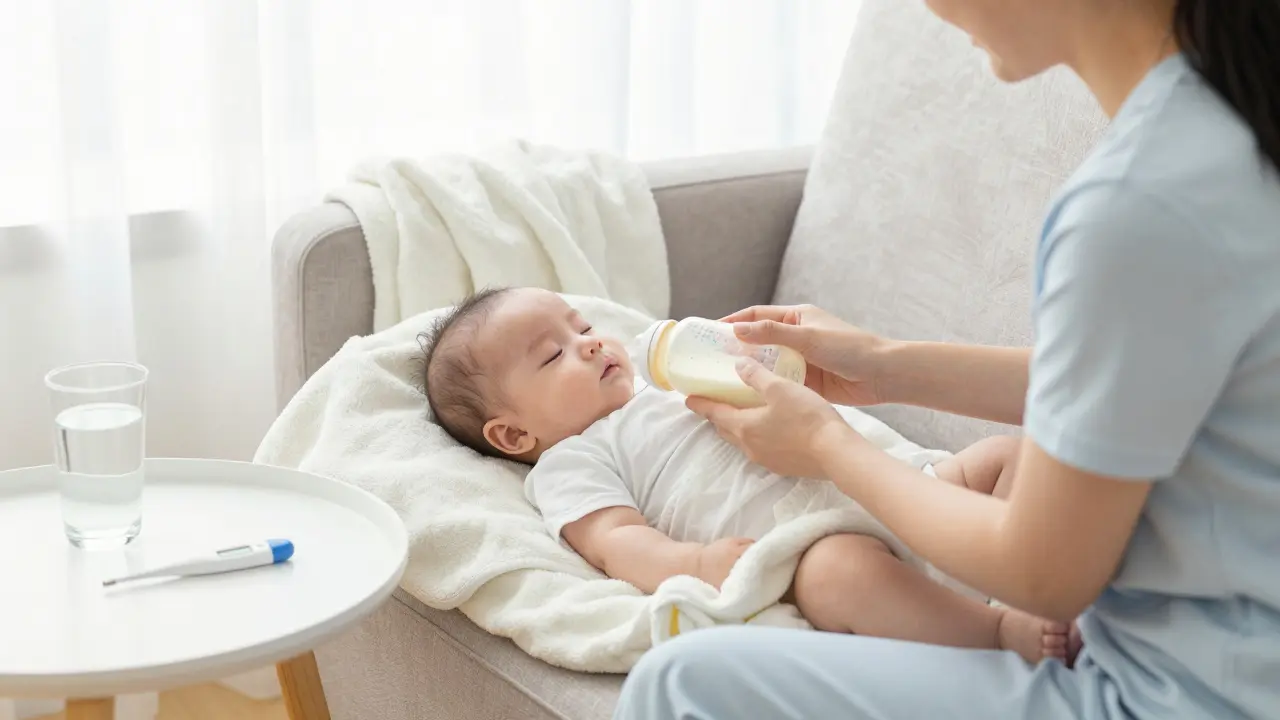 Mama krmení zotavující se dítě láhvičkou ve světlém pokoji