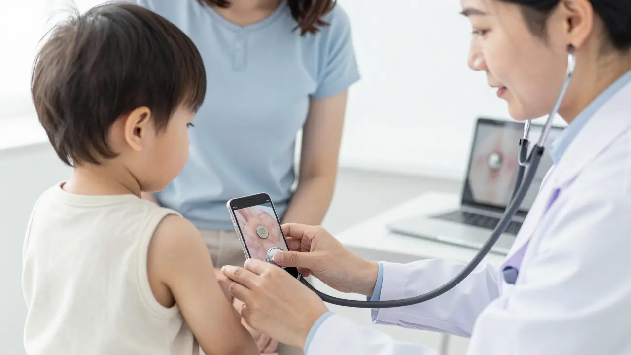 Pediatr prohlíží dítě a telefon s fotkou vyrážky pro diagnostiku