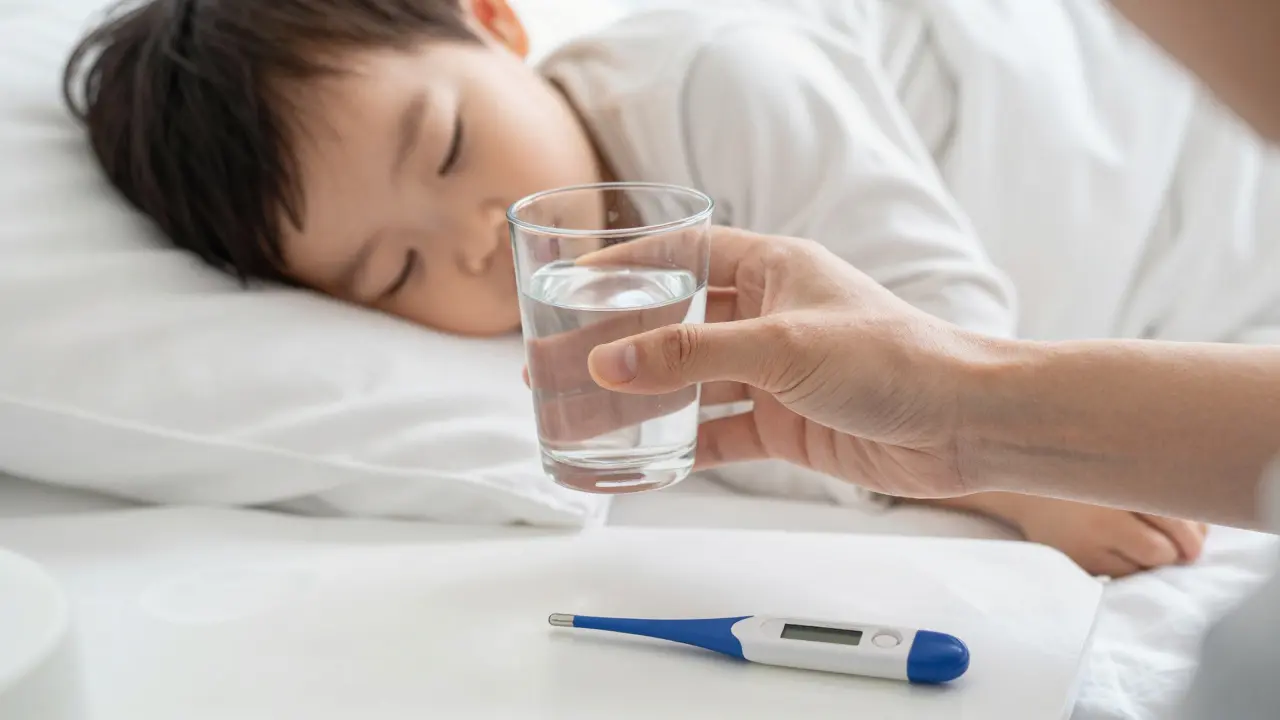 Rodič podává vodu odpočívajícímu dítěti