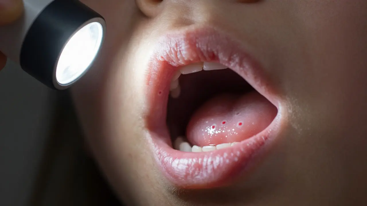 Close-up of white Koplik spots inside child's cheek
