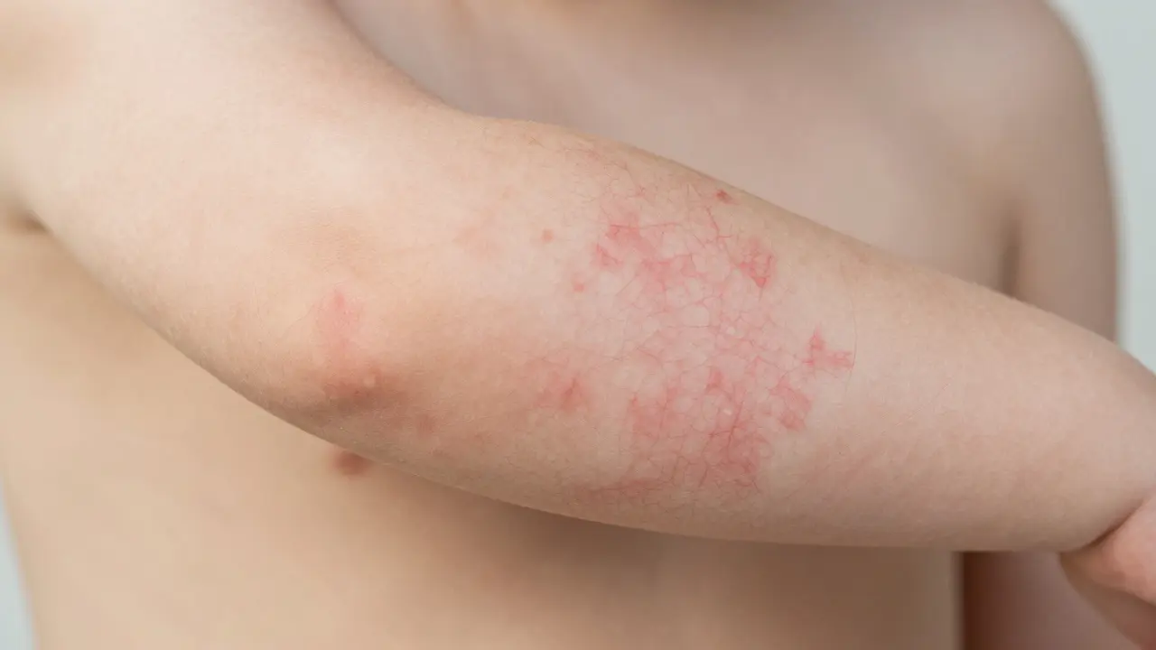 Detail síťovité vyrážky na kůži dítěte při páté dětské nemoci