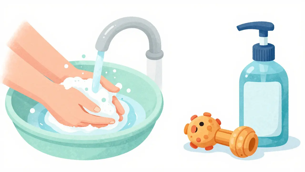 Ilustrace mytí rukou a čištění hraček pro hygienu