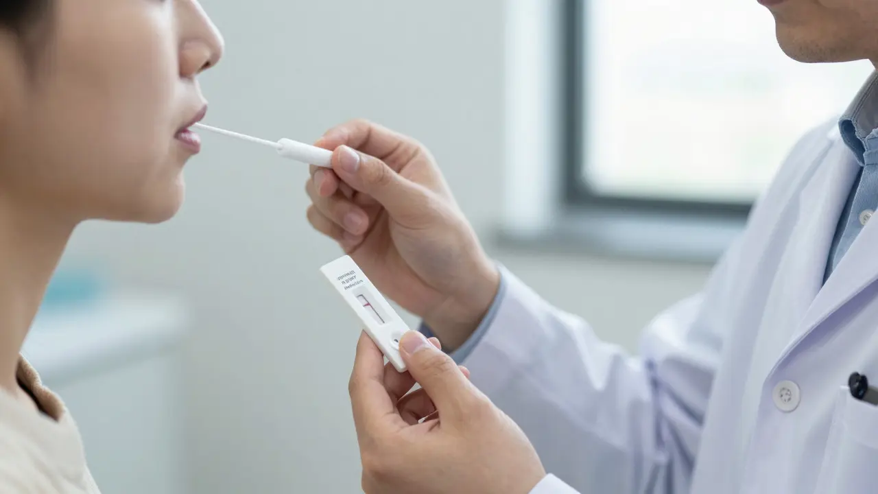 Lékař provádí rychlý test na streptokoky u pacienta v ordinaci
