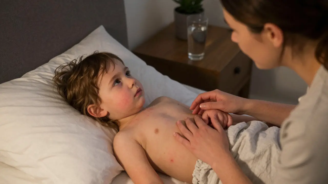 Matka drží za ruku dítě s vyrážkou na hrudi při třídenní horečce