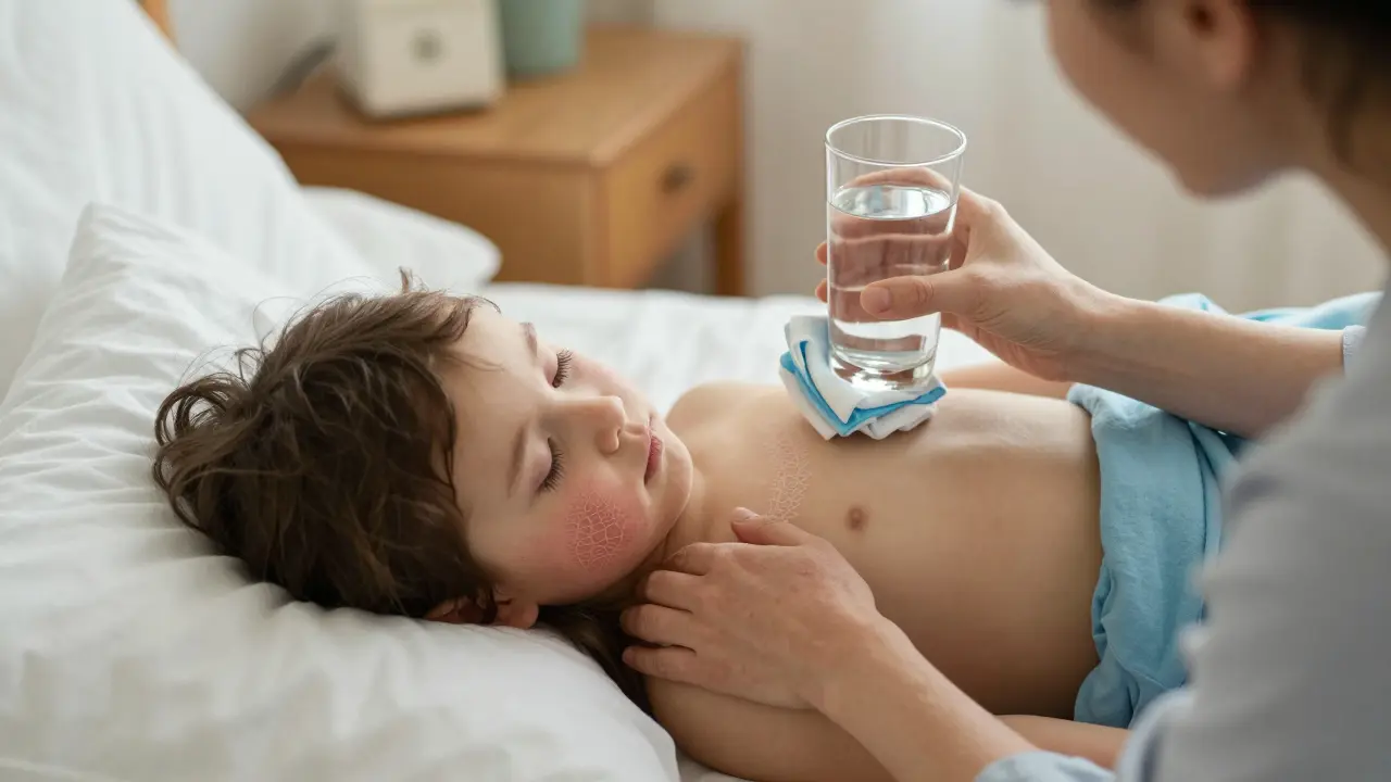 Matka uklidňuje dítě s vyrážkou podáváním vody a chladivého obkladu