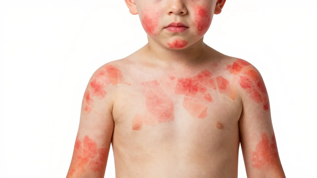 Red measles rash spreading down from head to body