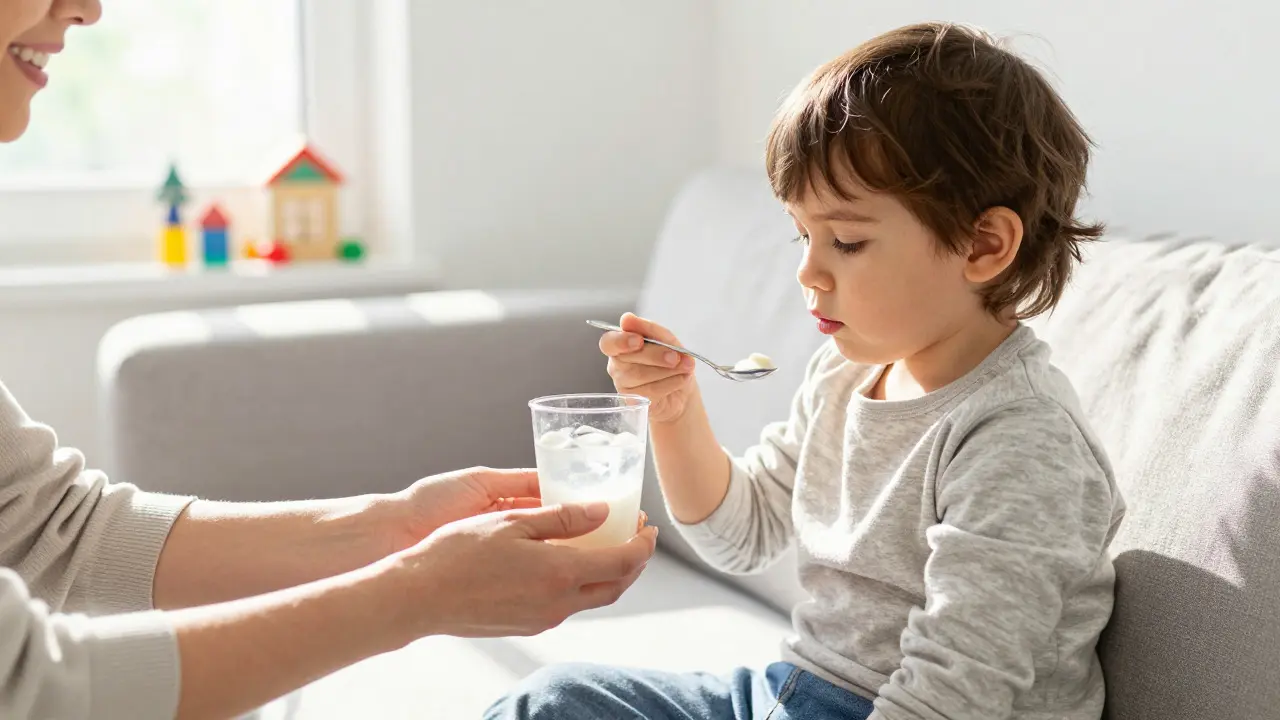 Rodič podává tekutiny a jogurt zotavujícímu se dítěti při slunečním světle
