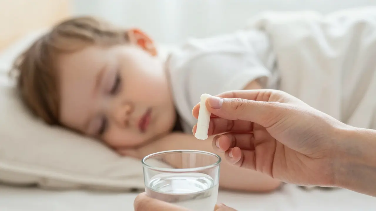 Ruka drží čípek u spícího dítěte pro bezpečnou aplikaci léku