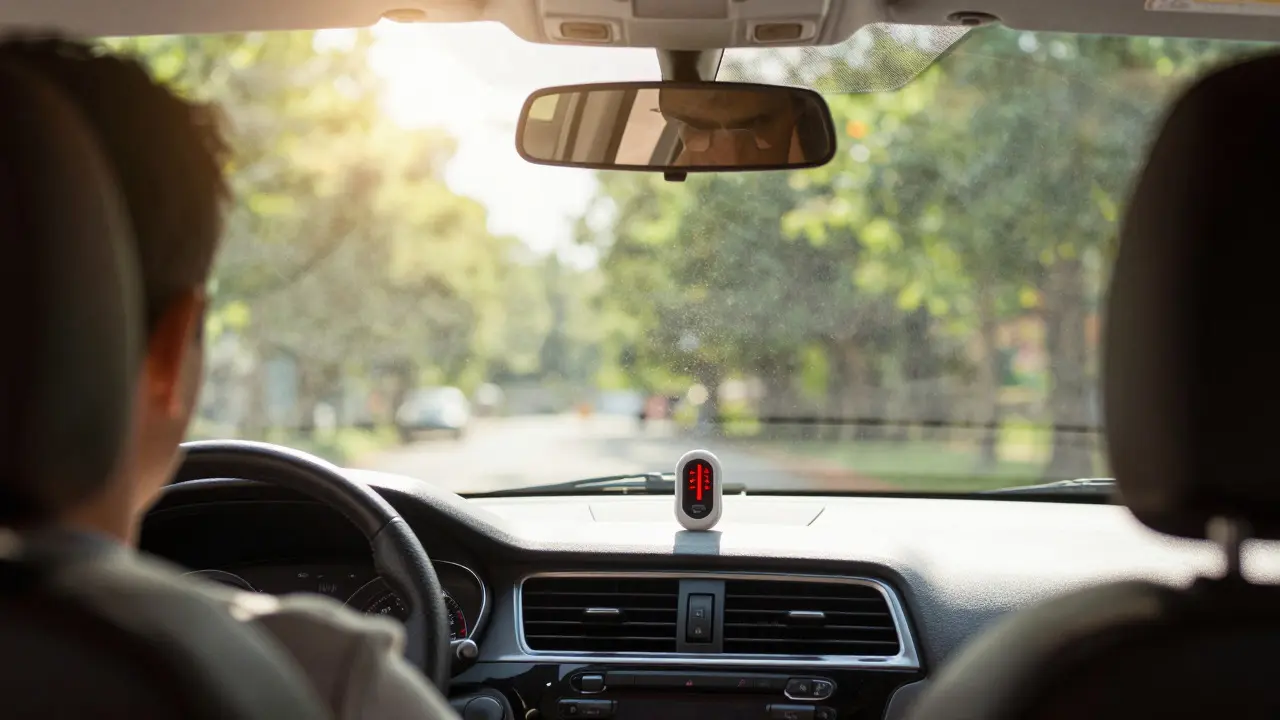 Auto na slunci s teploměrem ukazujícím vysokou teplotu