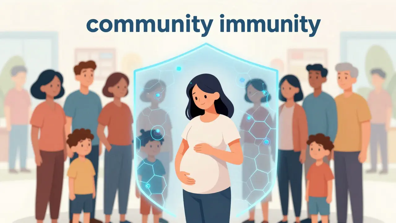 Ilustrace komunity imunity chránící těhotnou ženu před viry