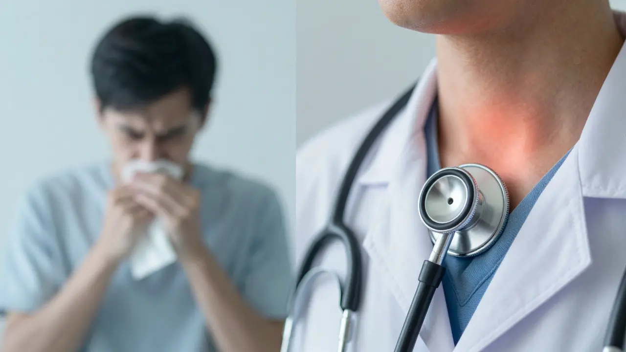 Lékařské vyšetření hrdla pro rozlišení virové a bakteriální angíny