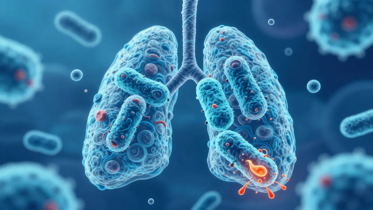 Mikroskopický pohled na bakterie Bordetella pertussis v dýchacích cestách