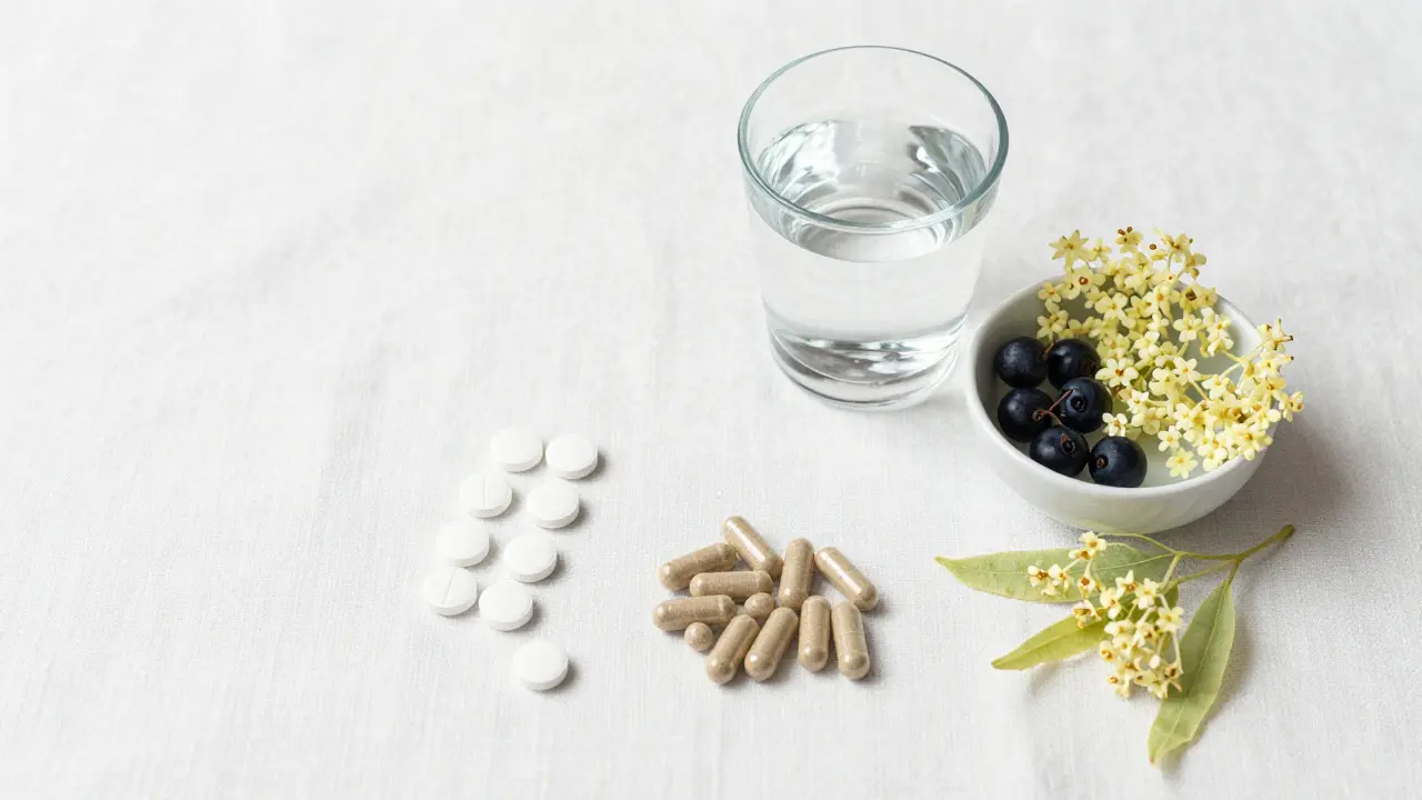 Paracetamol, ibuprofen a bylinné doplňky na bílém povrchu
